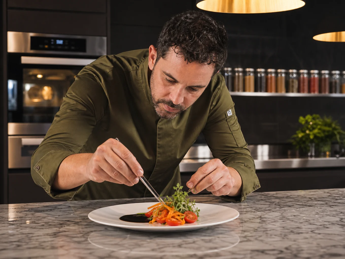 Chef plating a gourmet dish in the professional kitchen