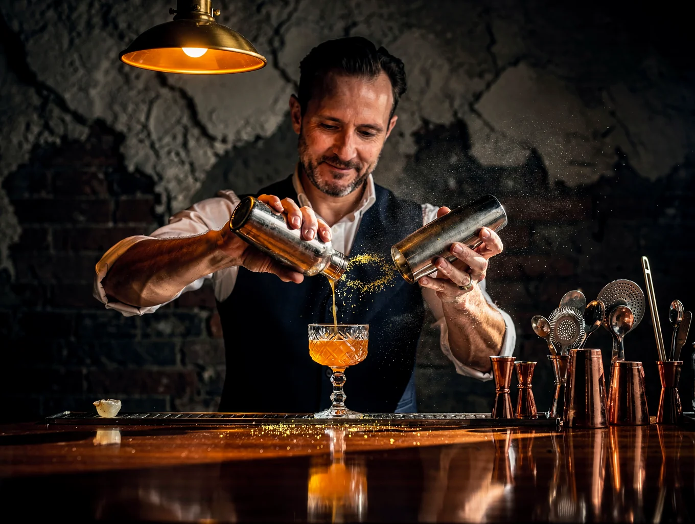 Elegant cocktail being poured at the restaurant bar