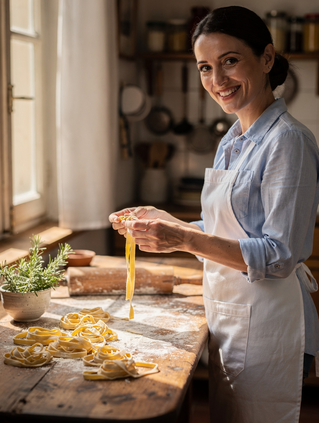 Master pasta artisan Elena Moretti hand-rolling fresh egg pasta