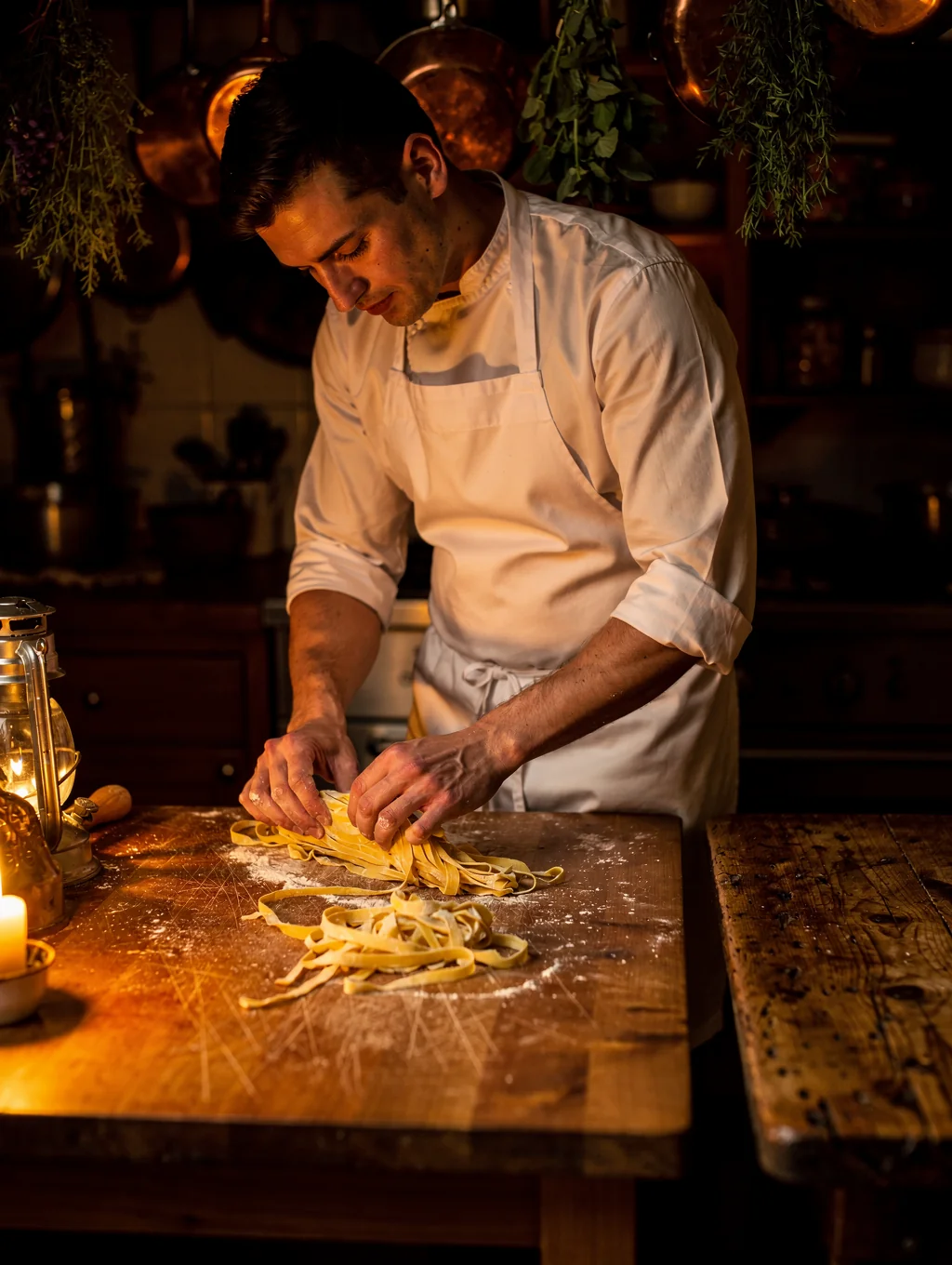 Chef preparing fresh handmade pasta in our kitchen