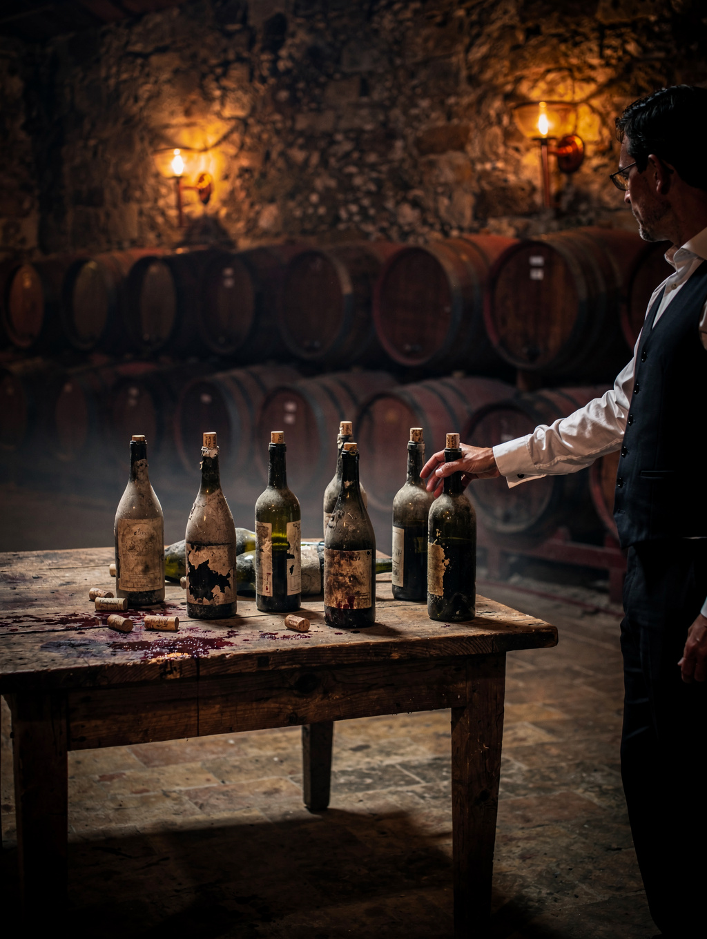 Sommelier Luca Romano selecting vintage Italian wines in the cellar