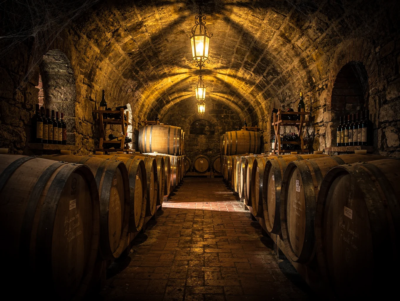 Selection of fine Italian wines in the restaurant cellar